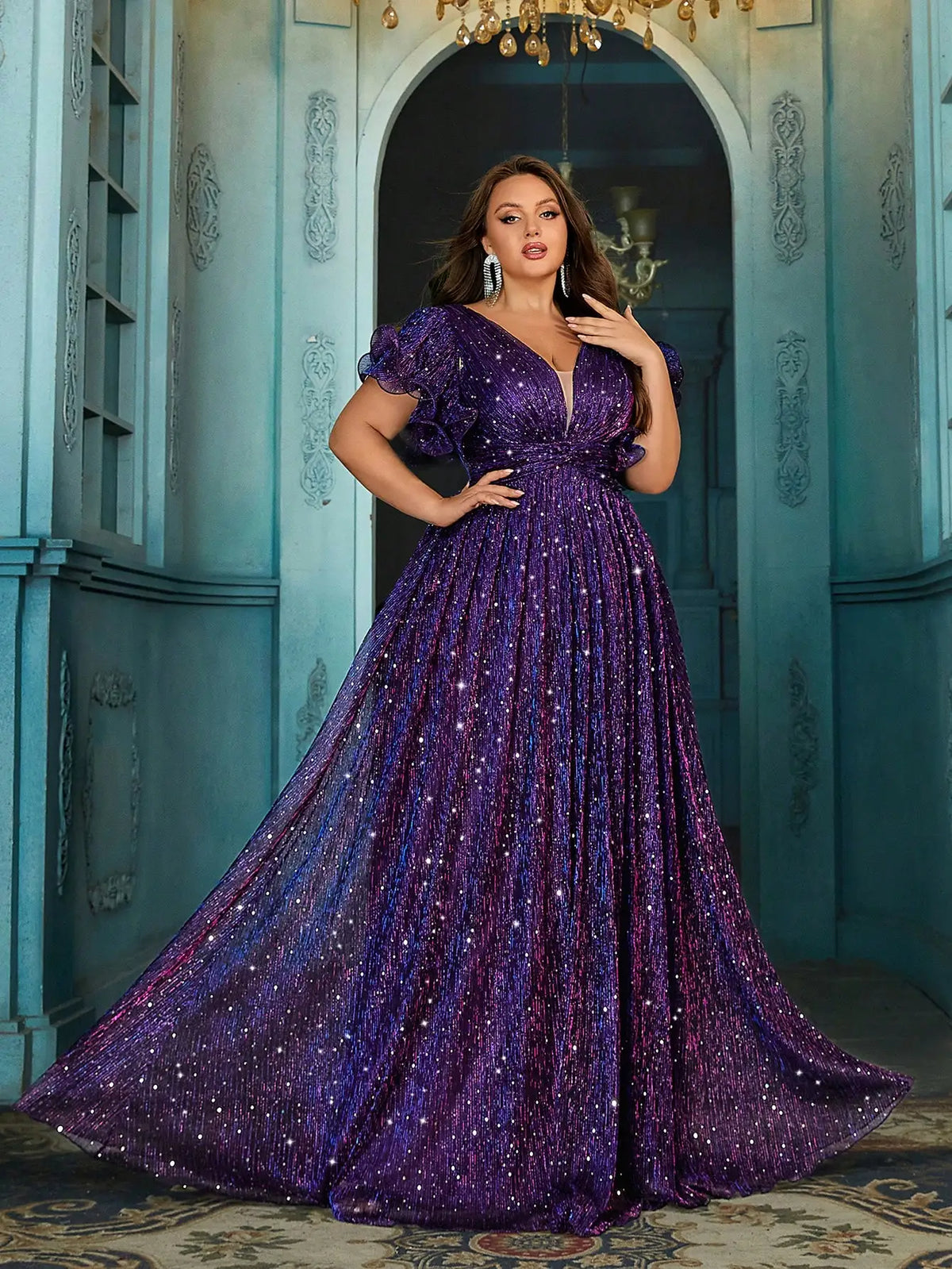 Plus Size Shiny Formal Party Dress With Ruffle Sleeves V Neck Floor Length