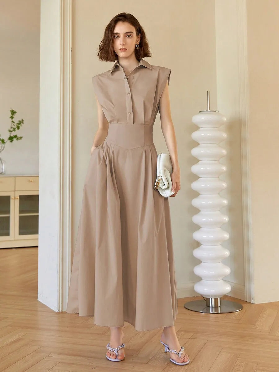 Women's Light Blue Sleeveless Collared Midi Dress, A-Line Fit, Elegant Business Casual Style