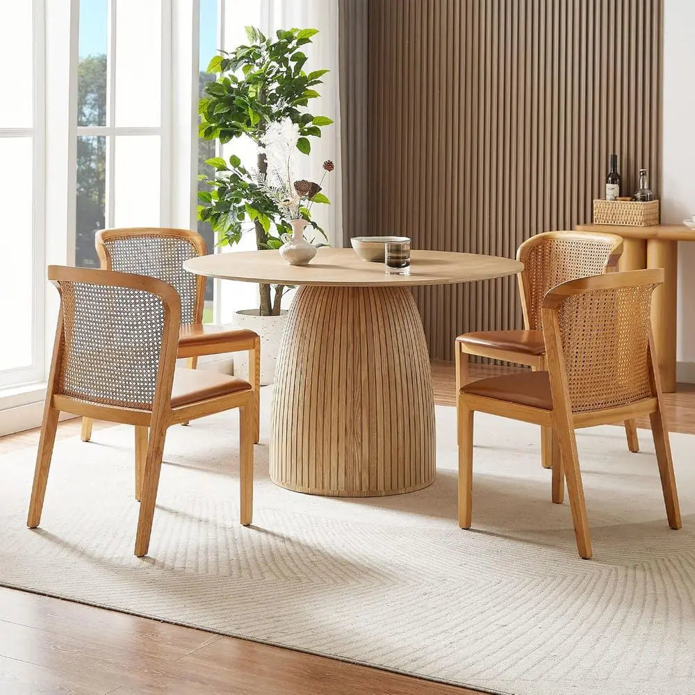 Oak 47.24 Round Dining Table for 4-6, Century-Style Circular Kitchen Table with Curved Base