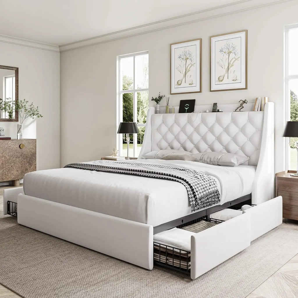 Full Bed Frame With 4 Storage Drawers, Huge Upholstered Wingback Headboard, Fast Charging Station, No Box Spring, Customized