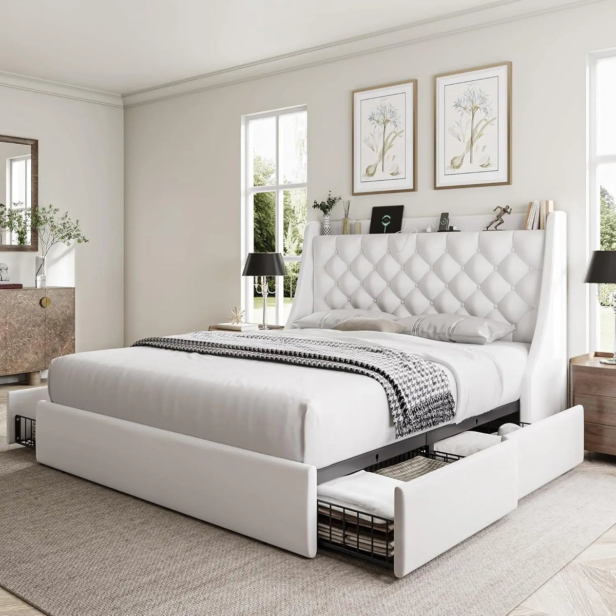 Full Bed Frame With 4 Storage Drawers, Huge Upholstered Wingback Headboard, Fast Charging Station, No Box Spring, Customized