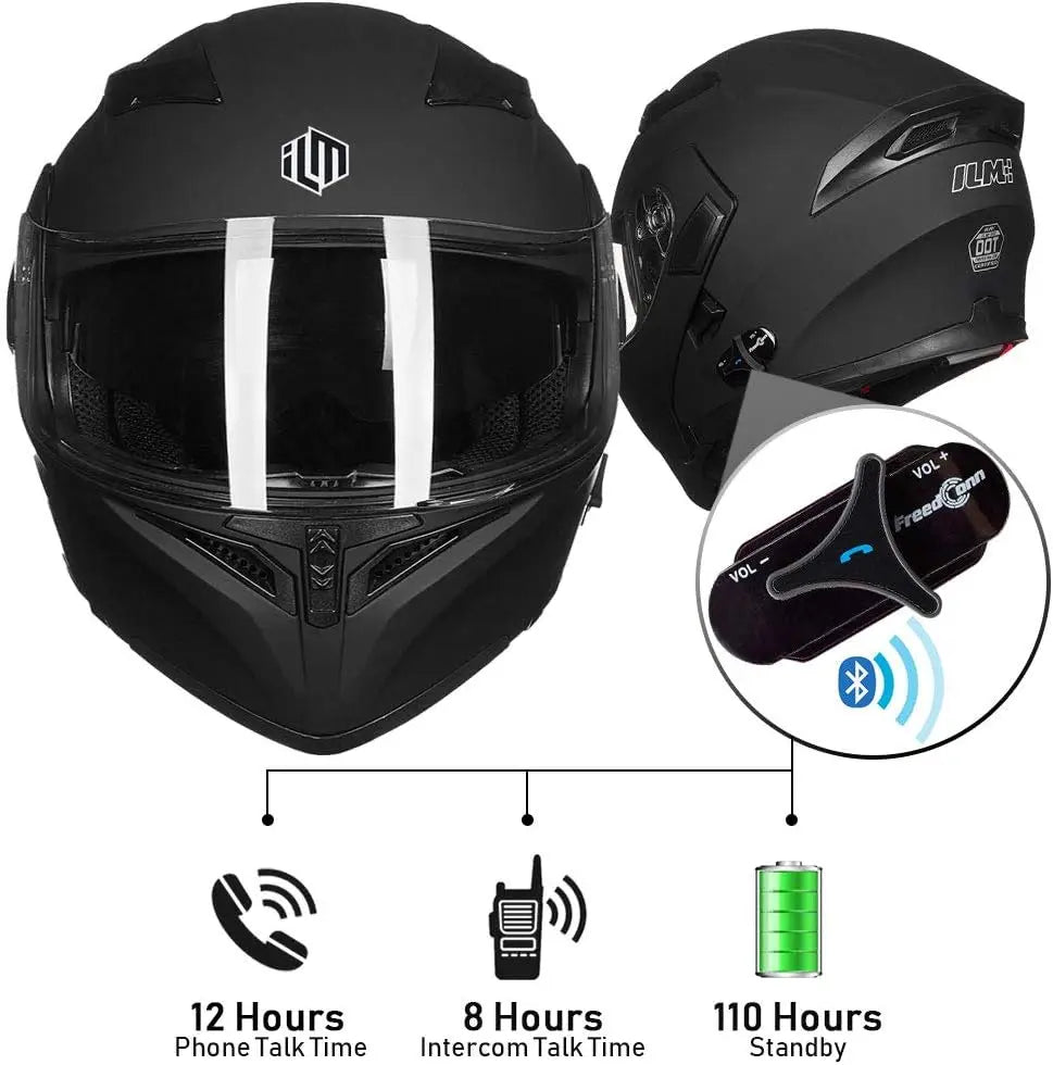 Modular Bluetooth Motorcycle Helmet with Flip-Up Full Face, Dual Visor, MP3 Intercom & FM Radio - Matte Black Large