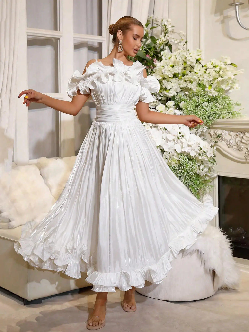 Off-Shoulder Pleated Ruffle Waist-Cinched Flared Evening Gown For Bridesmaid