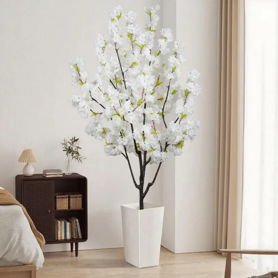 Indoor Cherry Blossoms Tree White Artificial Cherry Blossom Tree 6FT Faux Bedroom Trees for Home Decor Indoor Living Room Accen