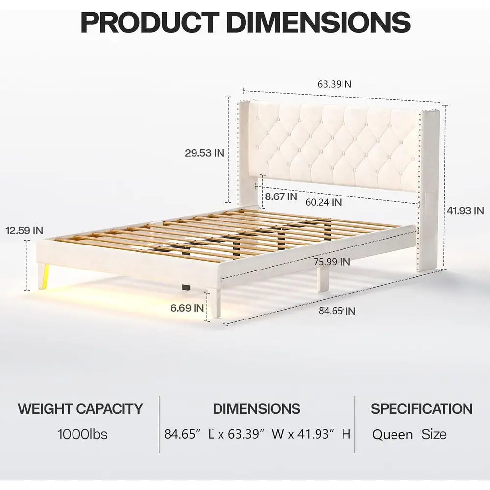 Queen Size Velvet Upholstered Platform Bed with LED Lights, Button-Tufted Wingback Headboard, Wooden Slat Support, No Box Spring