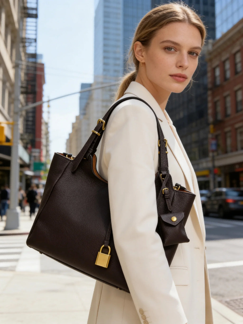 Women Dark Brown Lock Closure Shoulder Bag, Minimalist Structured Handbag for Work, Travel and Everyday Use