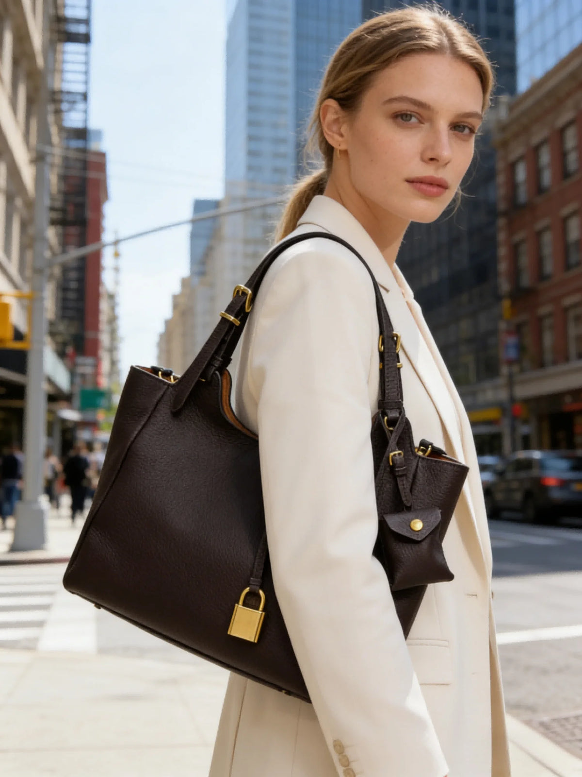 Women Dark Brown Lock Closure Shoulder Bag, Minimalist Structured Handbag for Work, Travel and Everyday Use