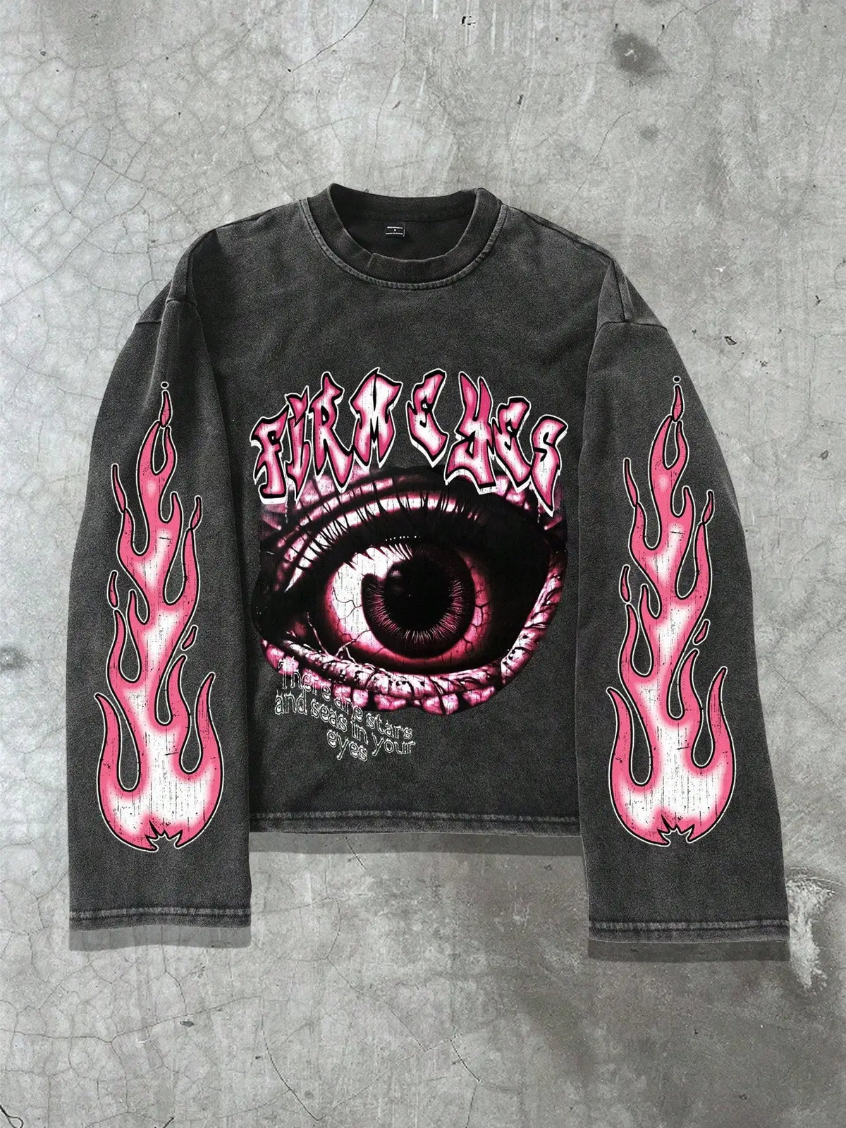 Distressed Black Long Sleeve Tee with Graphic Eye & Pink Flame Print, Gothic Y2K Style