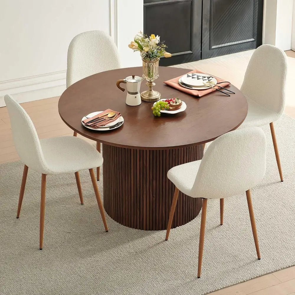 47 Inch Round Wooden Dining Table Set with 4 White Chairs for Space-Efficient Dining
