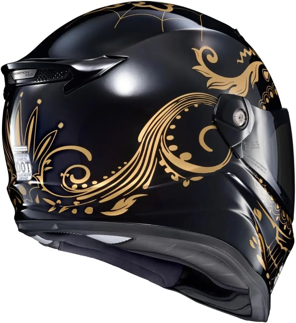 Covert FX Full Face Adult Motorcycle Helmet Street Fighter Style-Bluetooth Ready Speaker Pockets DOT ECE El Malo (Gold/Gloss Bla