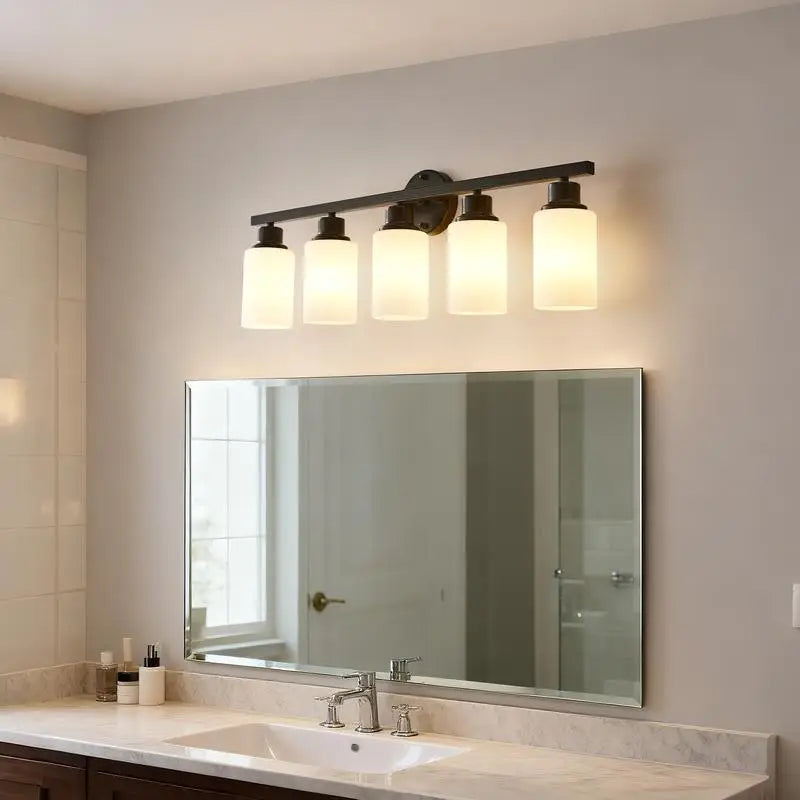 5-Light Matte Black Wall Sconces with White Glass Shades for Bedroom and Living Room Lighting