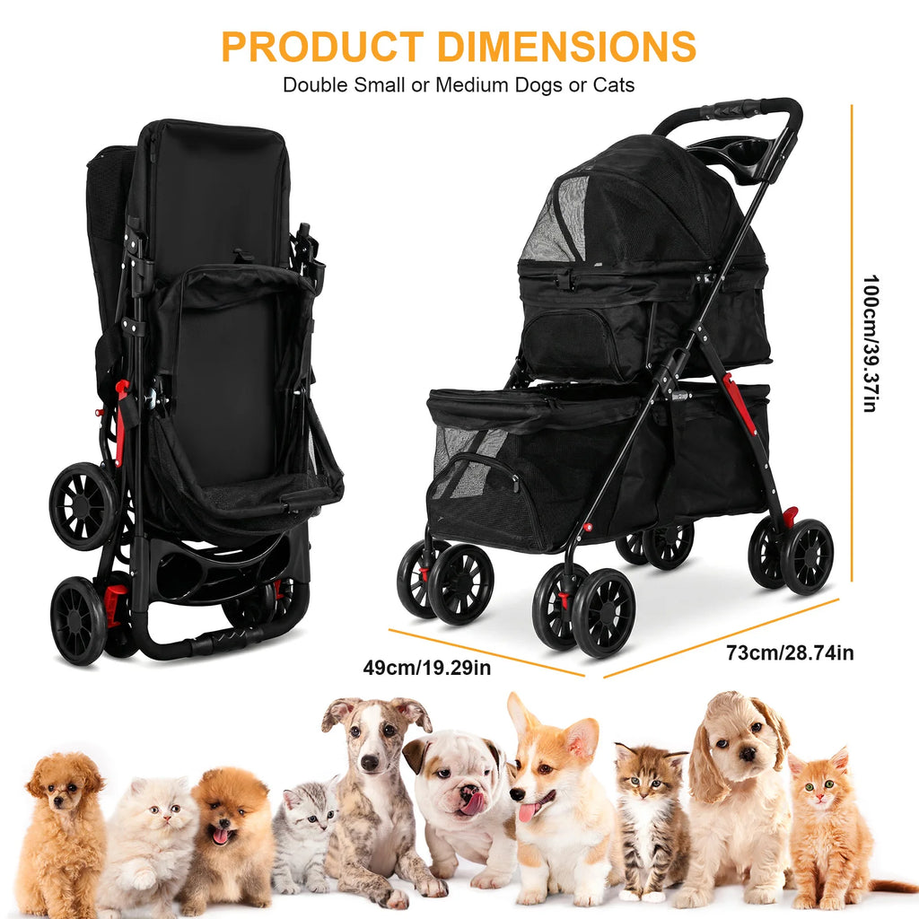 Cat Stroller for Dogs and Cats Foldable Cat Carrier with Safety Belts Cup Holder & Lockable Wheels for Daily Walks & Outdoor Use