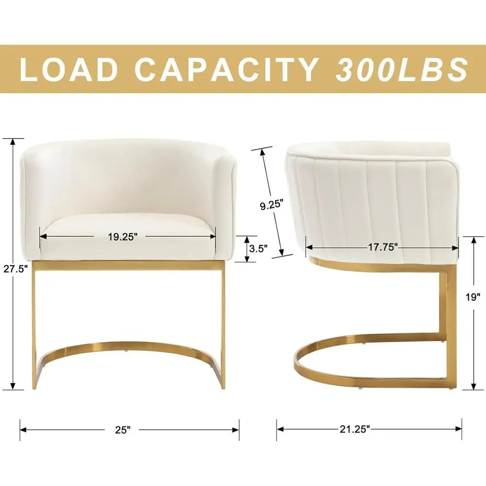 Pair of Velvet Dining Chairs, Gold Metal Legs, Cream White Upholstery for Kitchen or Dining Area