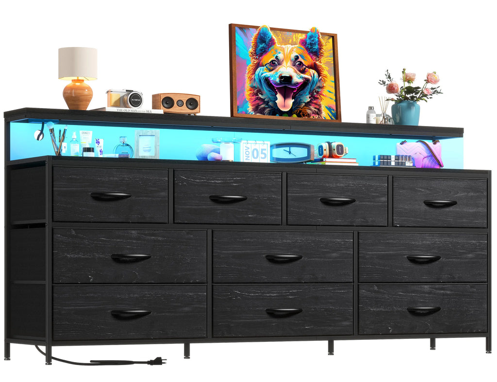 55" Wide Smart Dresser with LED Lights & Power Outlets – 10 Fabric-Drawer Storage & Metal Frame for Bedroom Organization