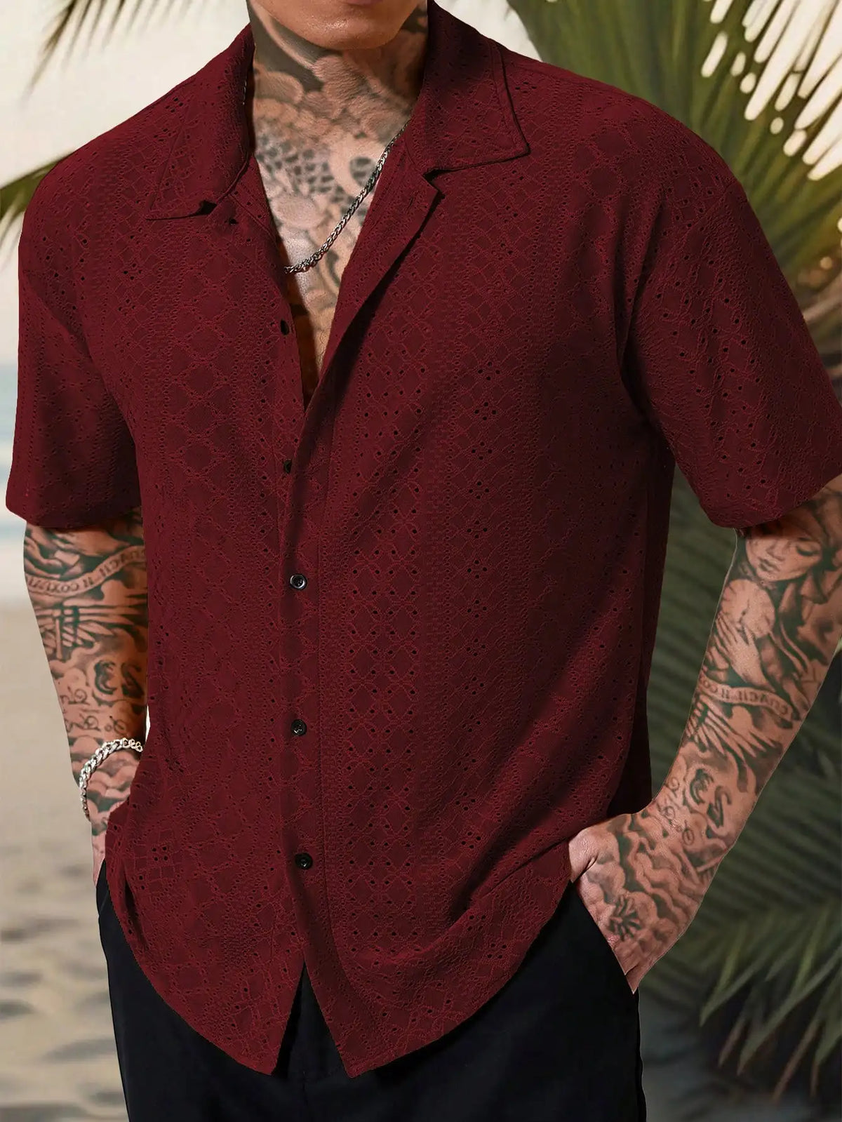 Men's Yellow Eyelet Lacework Short Sleeve Button-Down Casual Shirt