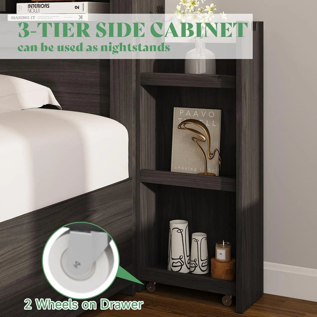 Queen Storage Bed Frame with LED Headboard Bookcase Charging Station 2 Slide Shelves No Box Spring Black, Customized