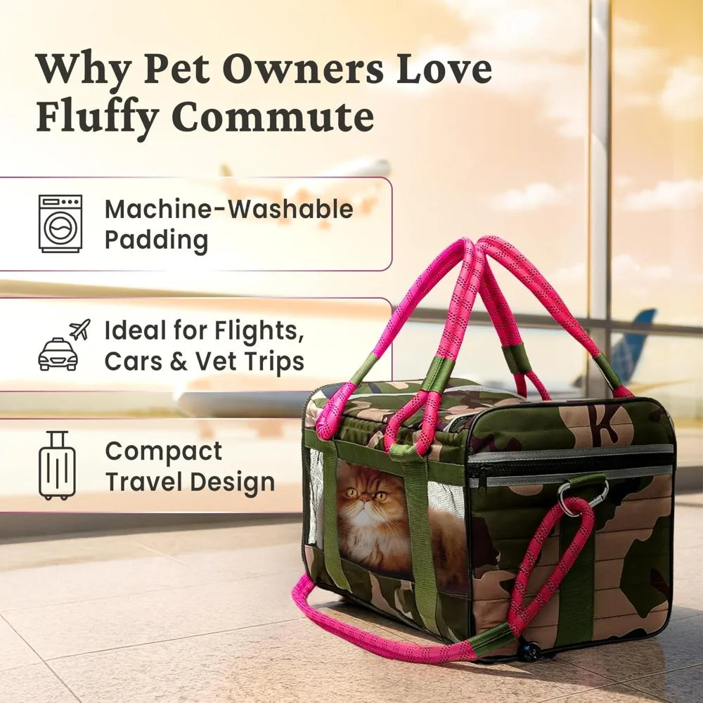 Soft Sided Pet Carrier, Cat Carrier, Dog Carrier, Pets Up to 15 lbs, Leash & Luggage Strap, Camo Pin
