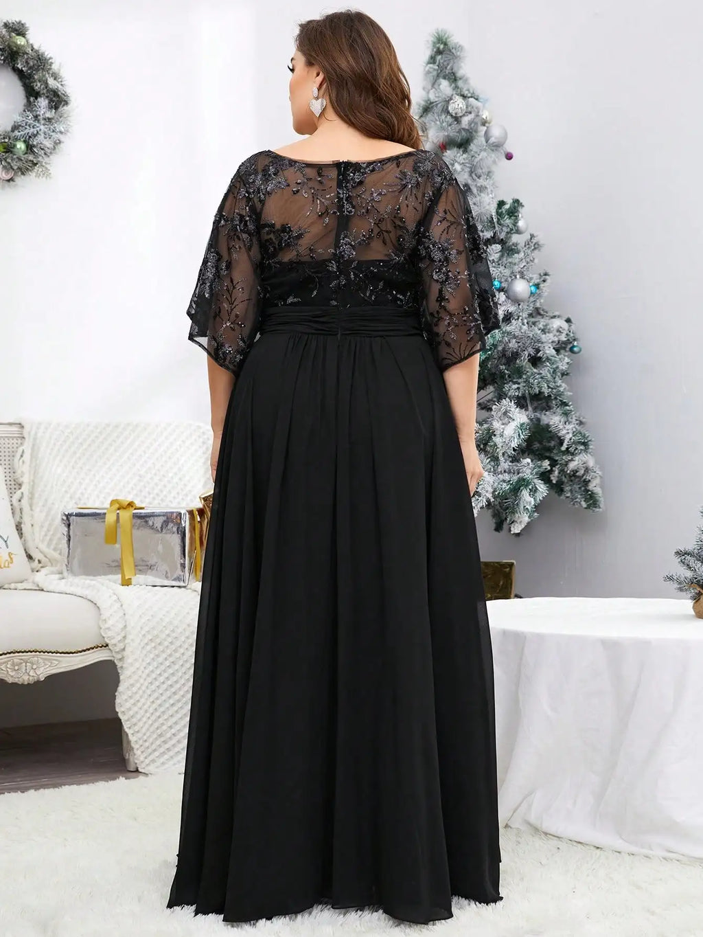 Plus Size Women V-Neck Sequin Embroidery Sheer Flare Sleeve Chiffon Maxi Dress Formal Evening Party Gown