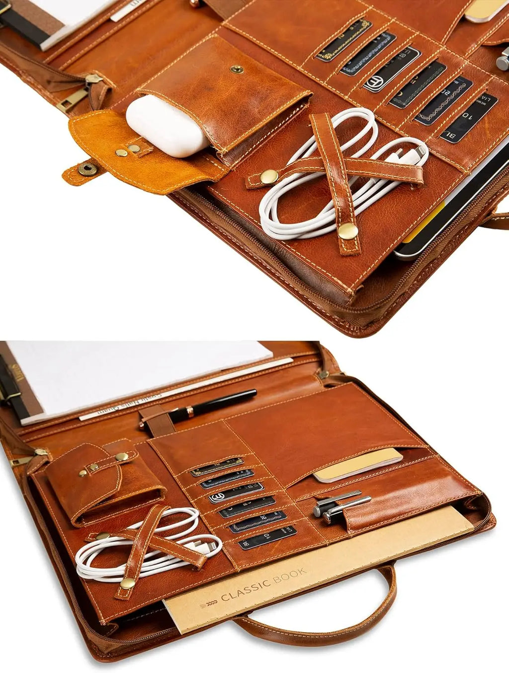 Oil Wax Leather Portfolio Organizer with Handle, Personalized Padfolio for Men Women, Fits 15-inch Laptop and Legal Pad