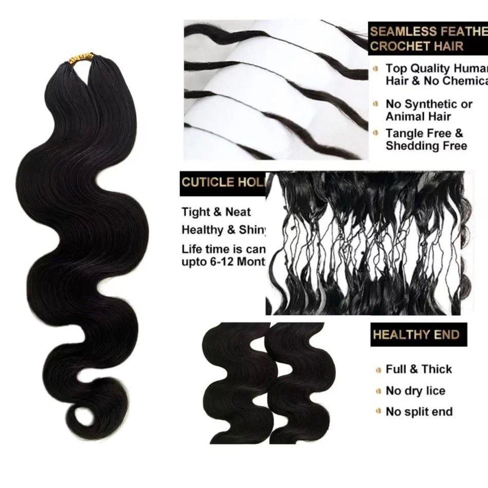 Body Wave Pre-Separated Crochet Hair Extensions Human Hair Knotless Pre-Separated Feather Crochet Braid Hair 26 Inch 2Pcs/120g