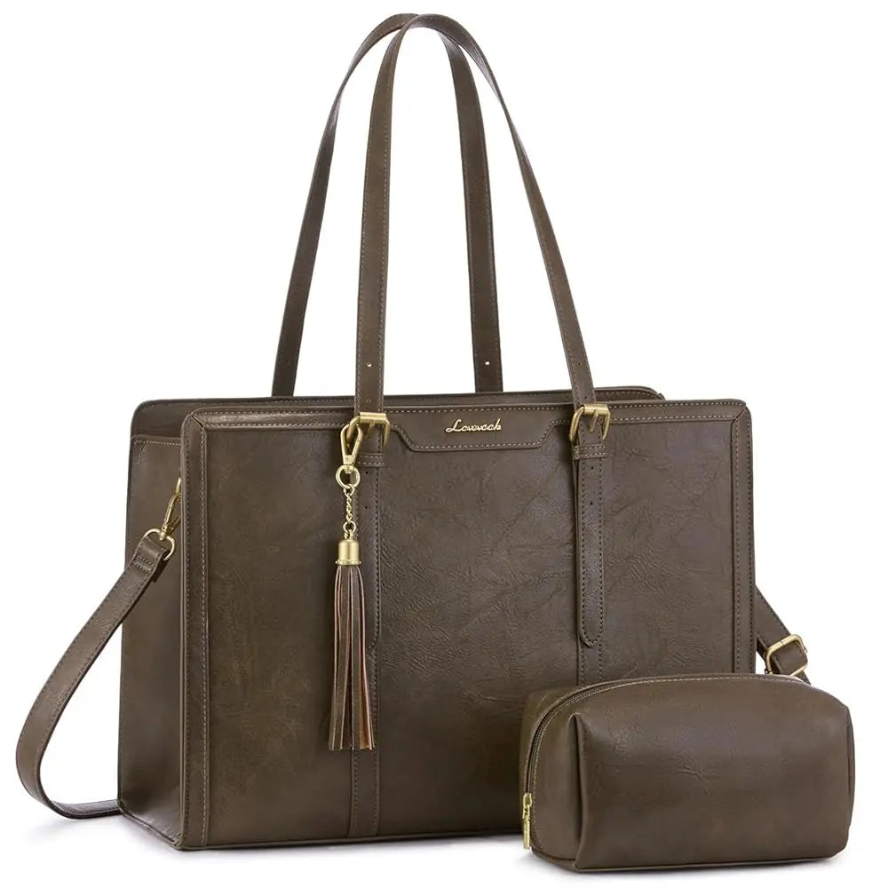 Laptop Bag for Women Vintage Leather Work Tote 15.6 inch Large Capacity Computer Bag with Clutch Purse for Teacher,Office,Ca