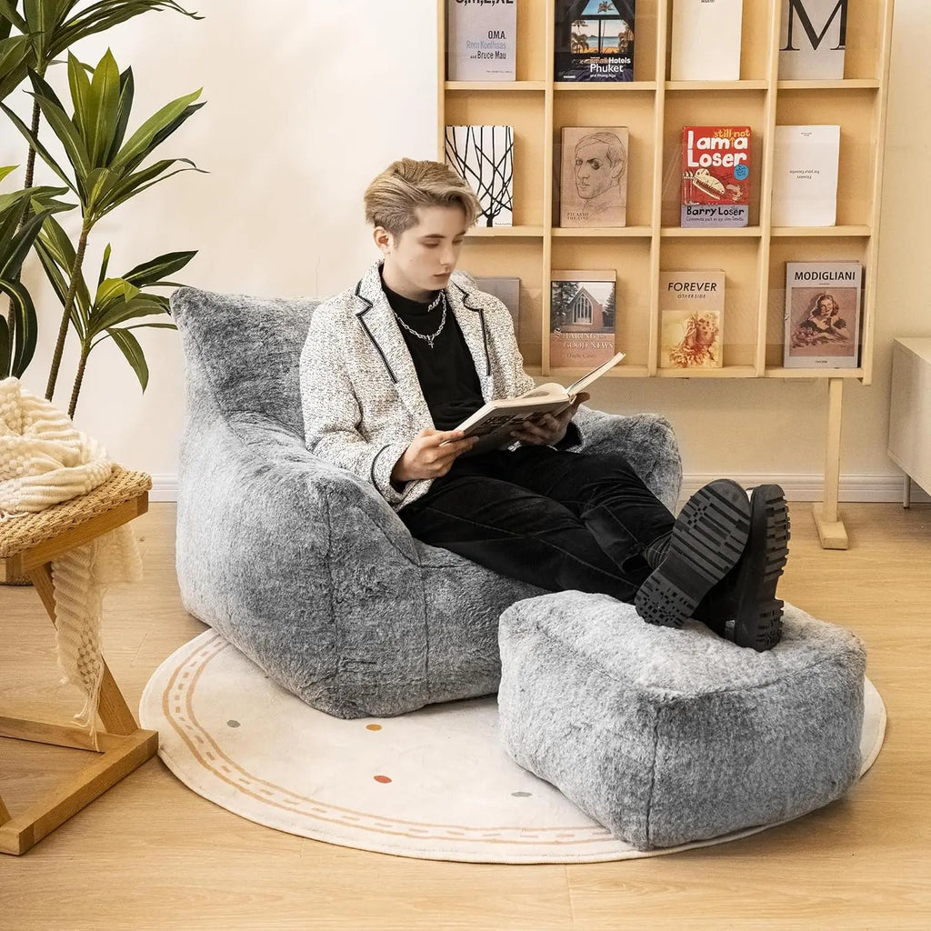 Limited-time offerBean Bag Chair with Ottoman, Armrest Bean Bag Chairs with Filler, Ultra Soft Fluffy Faux Fur Bean Bag Chair wi