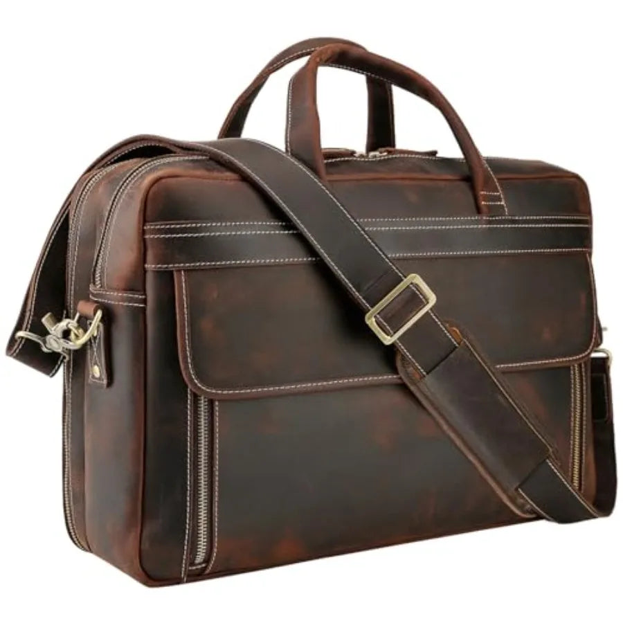 Masa Kawa Leather Briefcase for Men 15.6 17 Laptop Computer Case Business Travel Work Messenger Cross Body Shoulder Bag
