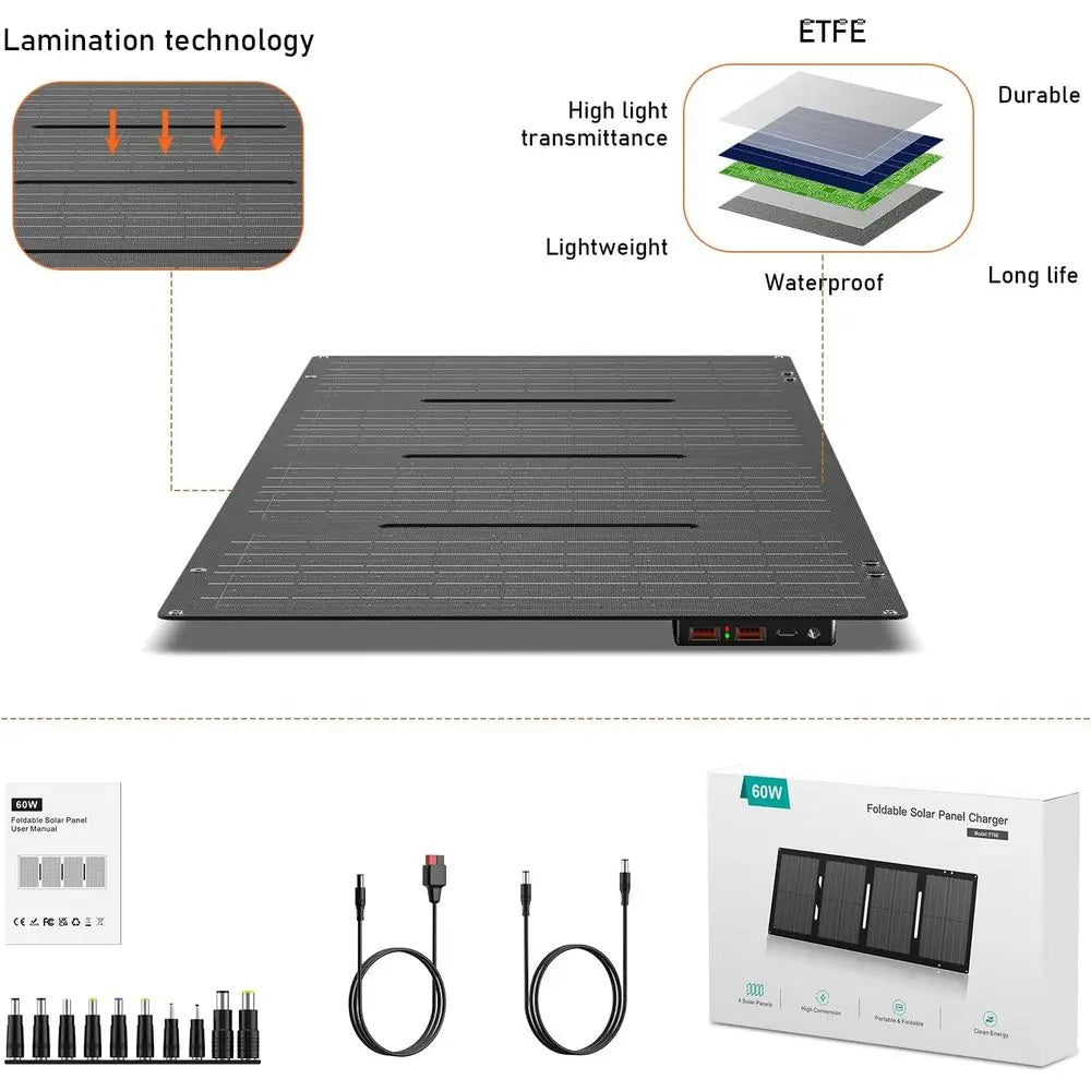 60W Portable Solar Panel with DC, USB-C, and USB-A Outputs for Laptop, Outdoor, Camping, and Road Trip Power Needs
