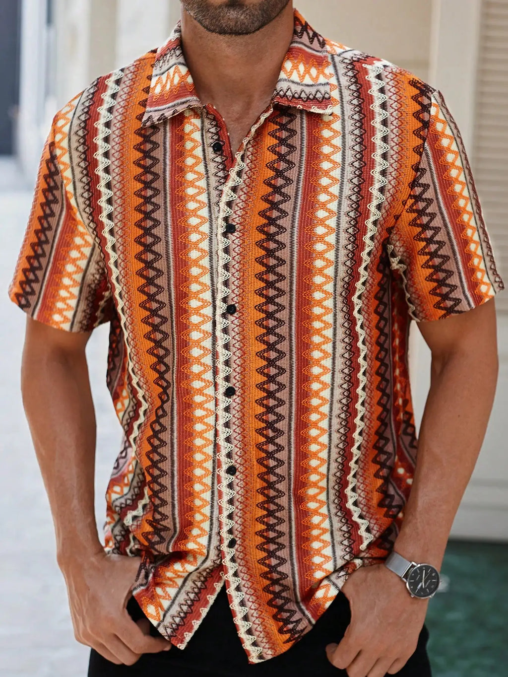 Men's Casual Short-Sleeve Shirt with Bohemian Geometric Stripe Pattern, Crochet-Knit Texture, Button-Front Design