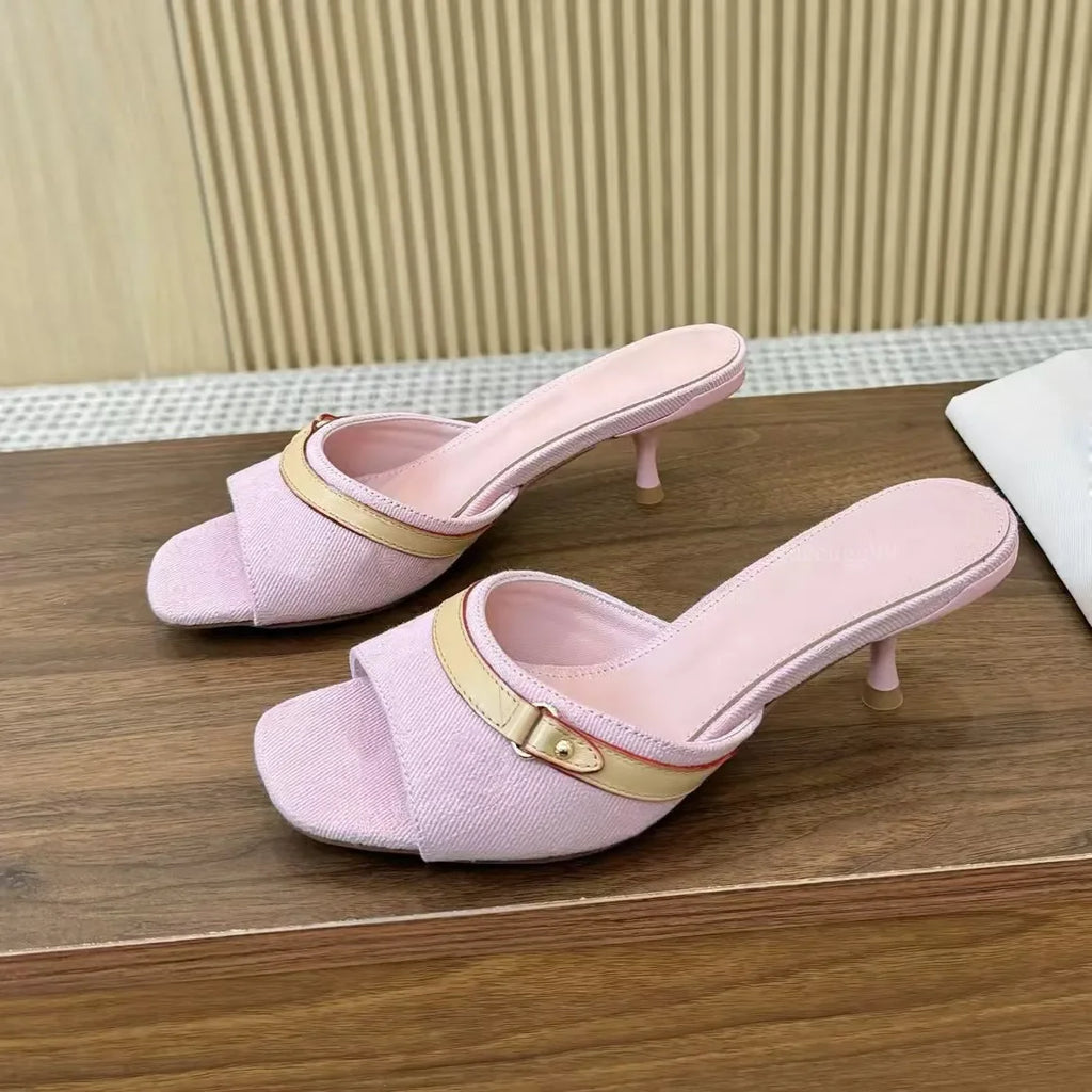 designer womens pink denim 3cm 6cm mules Signature Leather outsole models stiletto heel feminine style casual mule sandals