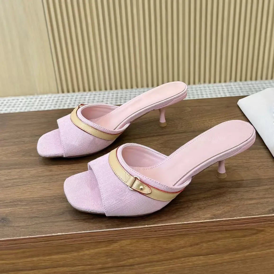 designer womens pink denim 3cm 6cm mules Signature Leather outsole models stiletto heel feminine style casual mule sandals