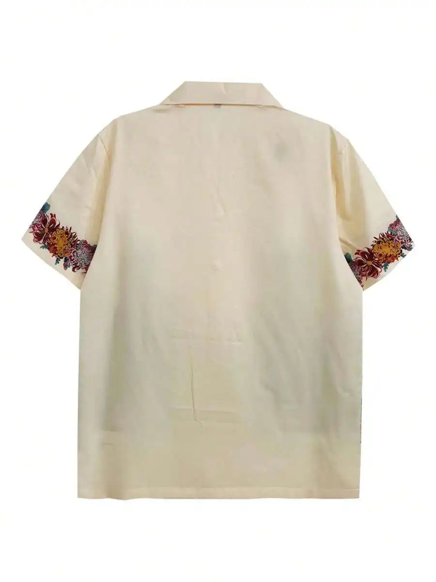Men's Short Sleeve Casual Shirt with Floral & Canine Print, Beach Style