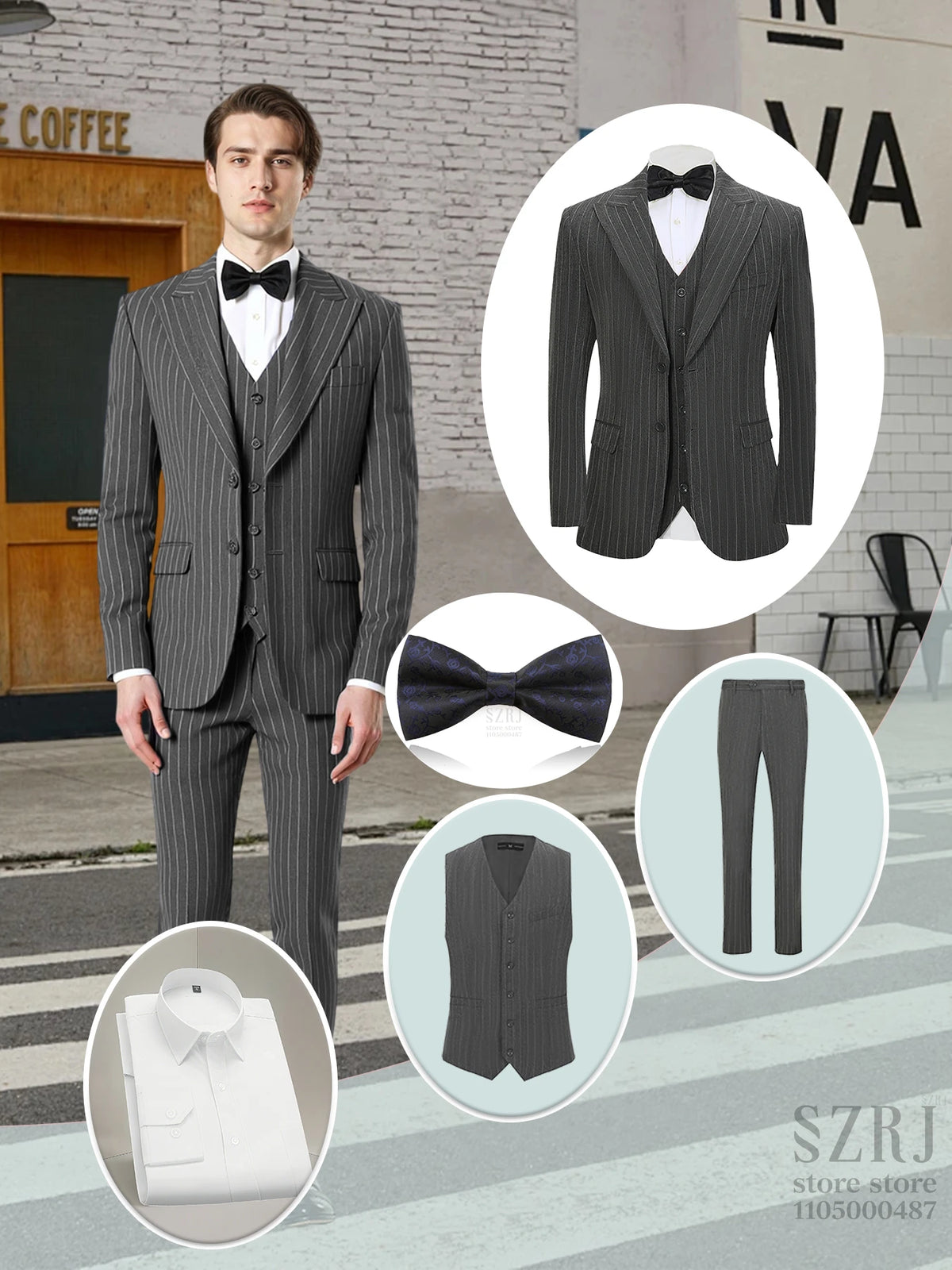 Men's 5-piece vertical striped suit+double button jacket+pants+white shirt+blue tie, suitable for wedding/business/daily wear