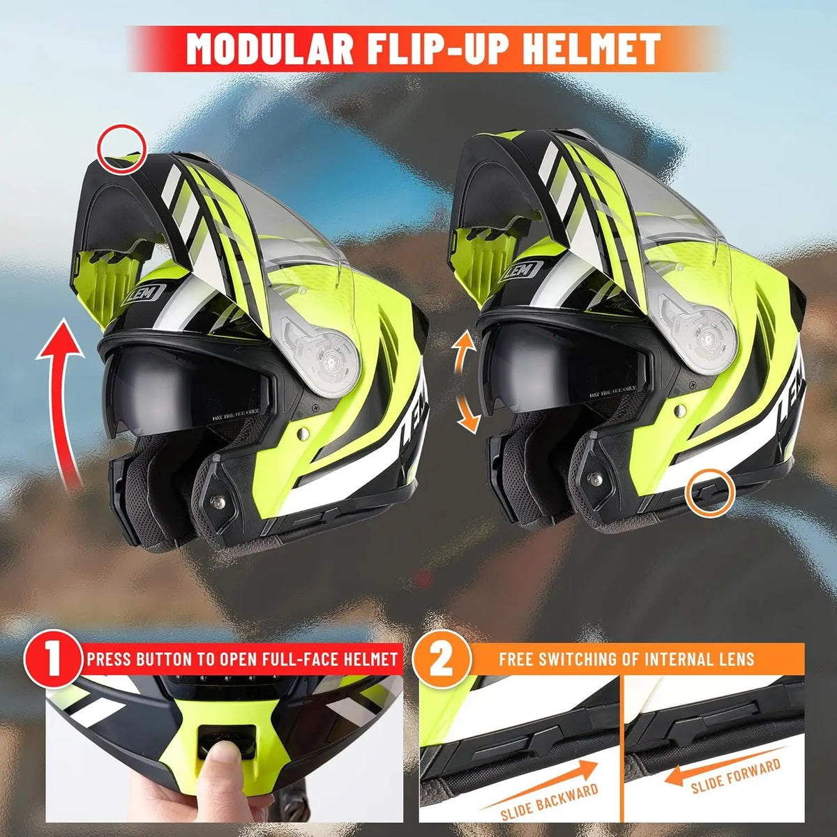 Modular Motorcycle Helmets Fiberglass Full Face Motorcycle Helmet Flip Up for Touring DOT Certified Release Sun Visor Removable