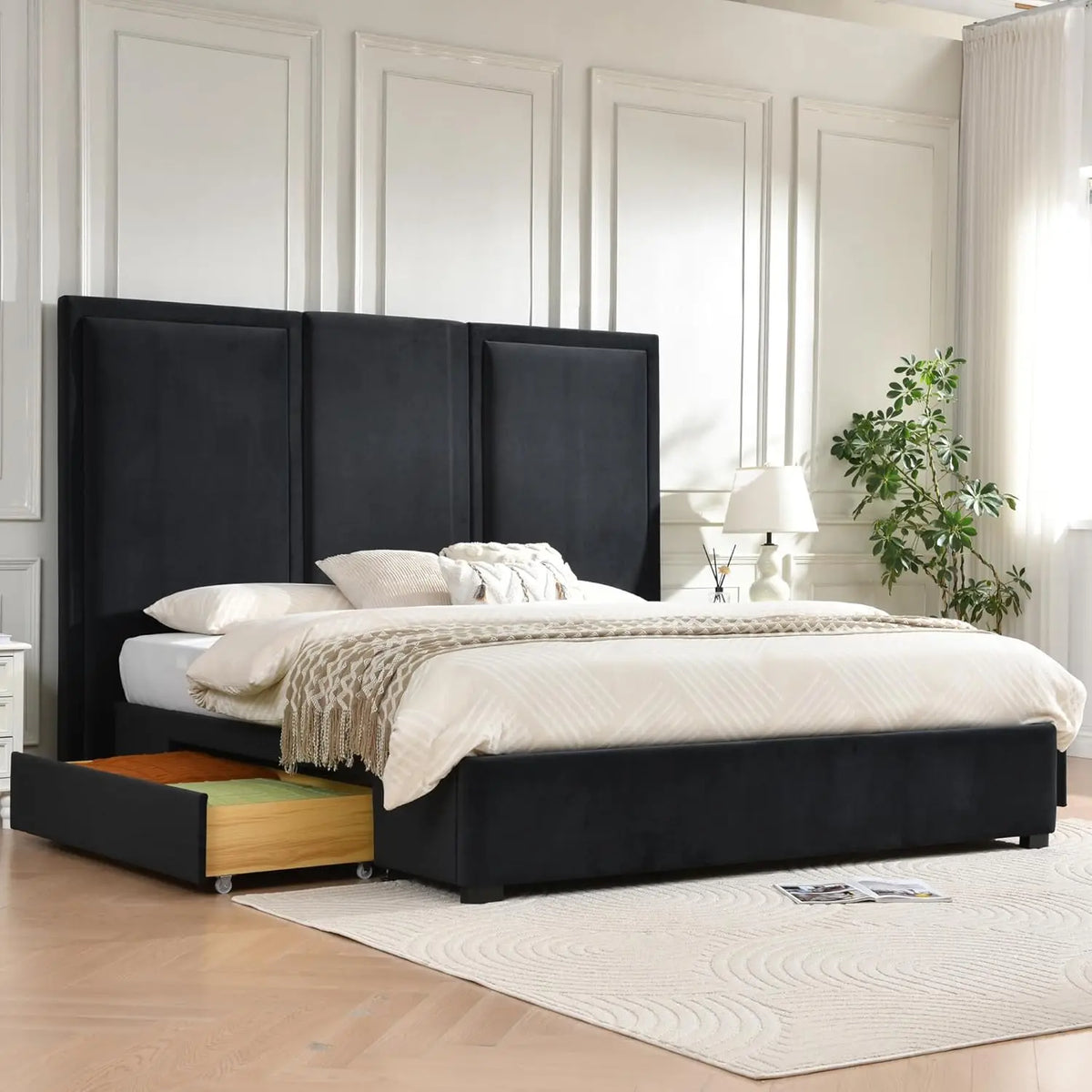 King Size Upholstered Platform Bed Frame with High Headboard Storage Drawers Wood Slat Support No Noise, Customized