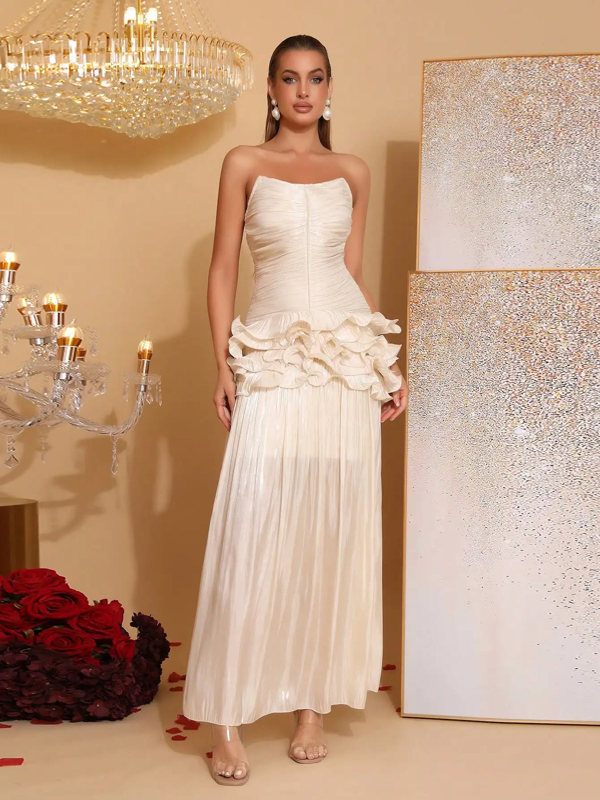 Off-Shoulder Pleated Ruffle Waist-Cinched Flared Evening Gown For Bridesmaid