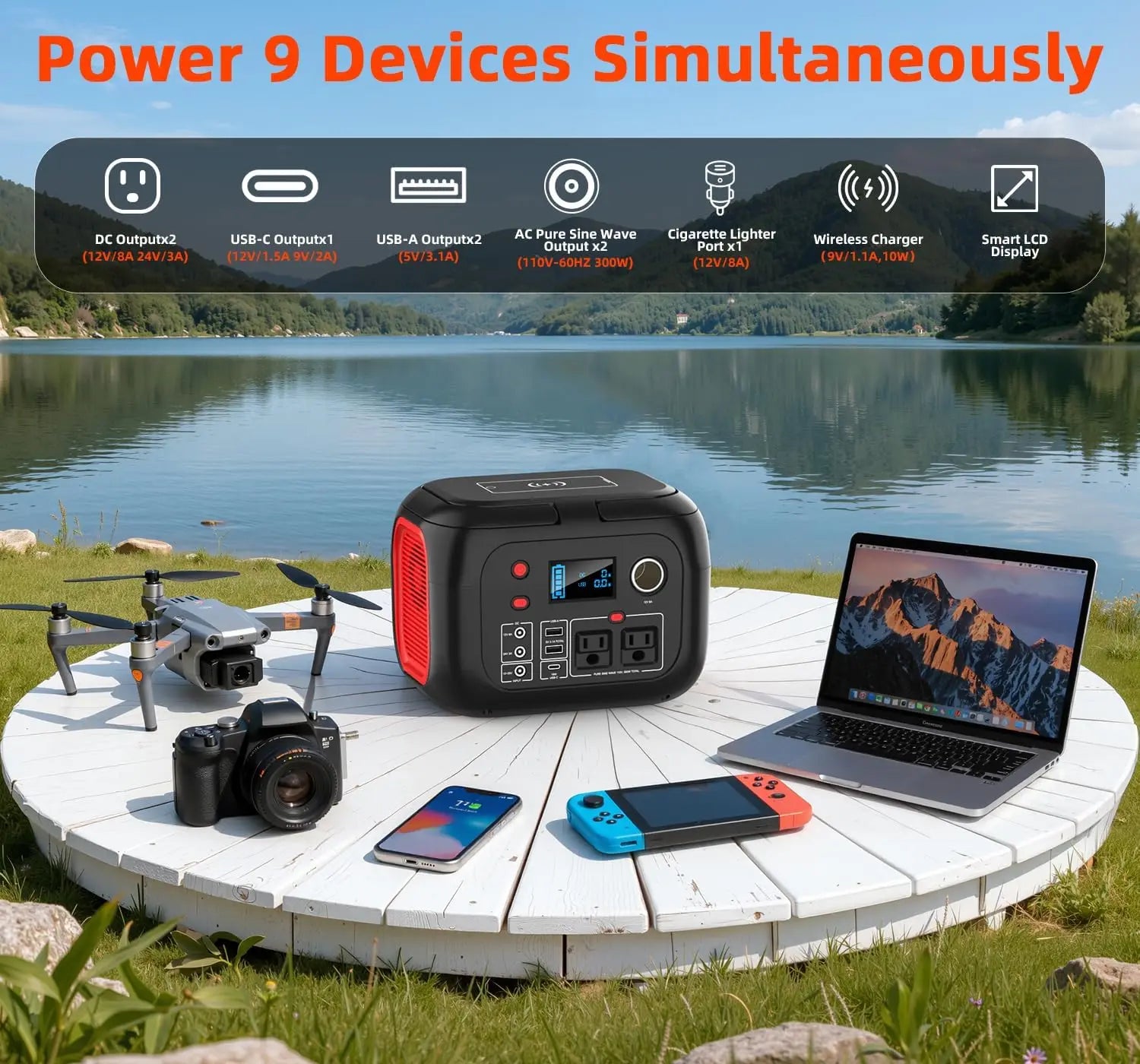 300W Portable Power Station, 228Wh Solar Generator with Pure Sine Wave AC Outlet for Outdoor Camping RV Emergency Home Use