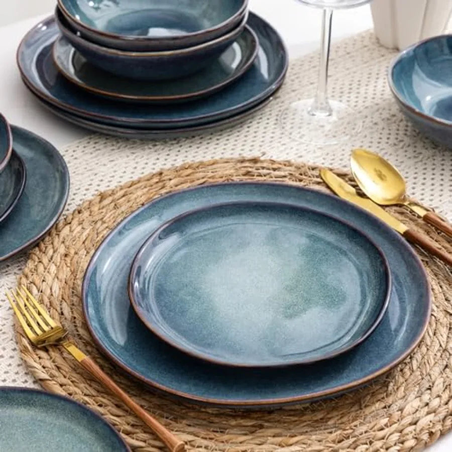 Ceramic Dinnerware Sets Handmade Reactive Glaze Stoneware Plates and Bowls for 8 Service Dishwasher and Microwave Safe Highly S