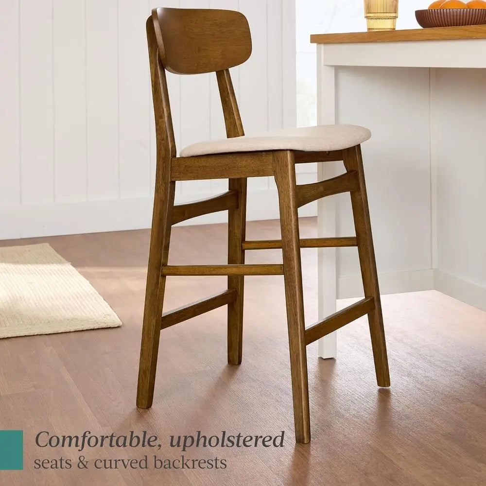 Upholstered Counter Height Stool Set of 2 with Wooden Curved Backrest, Walnut and Cream