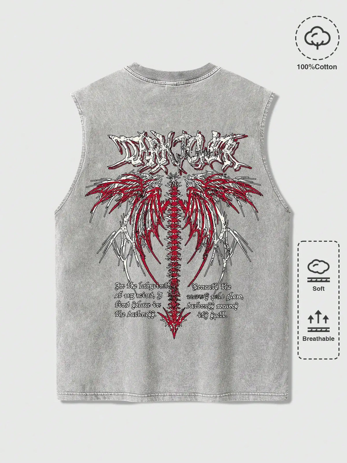 Men's Distressed Acid-Wash Sleeveless Tank Top with Gothic Graphic Print, Soft Cotton, Summer Casual Wear