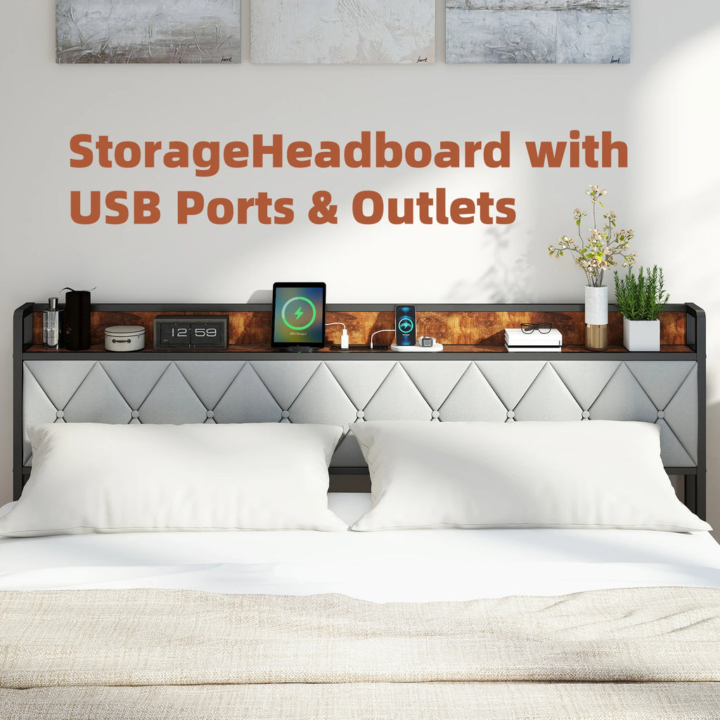 King Bed Frame with Headboard, Storage Headboard with USB Charging Station, Durable Squeak-Free Frame