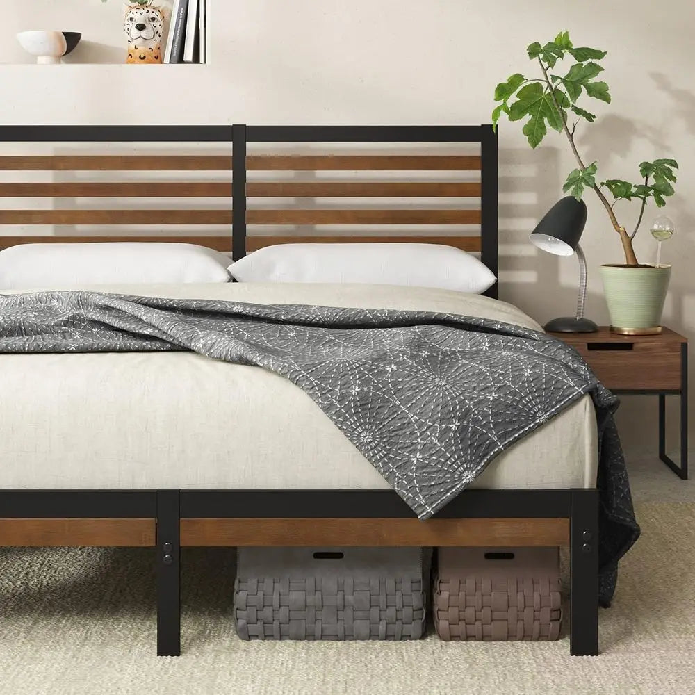 Bamboo and Metal King Size Platform Bed Frame with Headboard, No Box Spring Needed, Easy Assembly, Brown