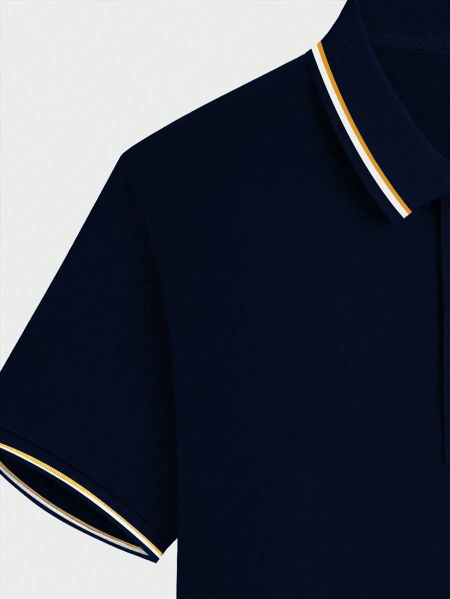 Men's Navy Blue Casual Short Sleeve Polo Shirt with Contrast Trim