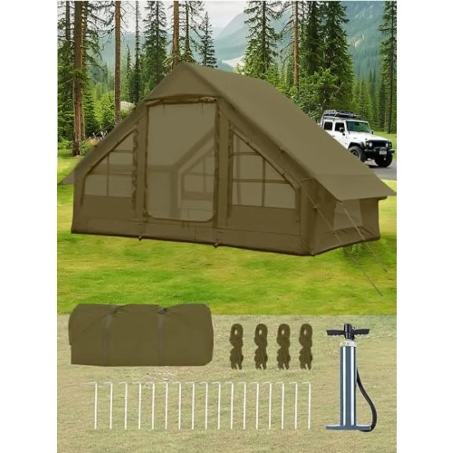 Inflatable 4-6 Person Waterproof Glamping Tent with Stove Jack Mesh Windows Easy Blow Up Tent for 4 Seasons Outdoor Camping Hot