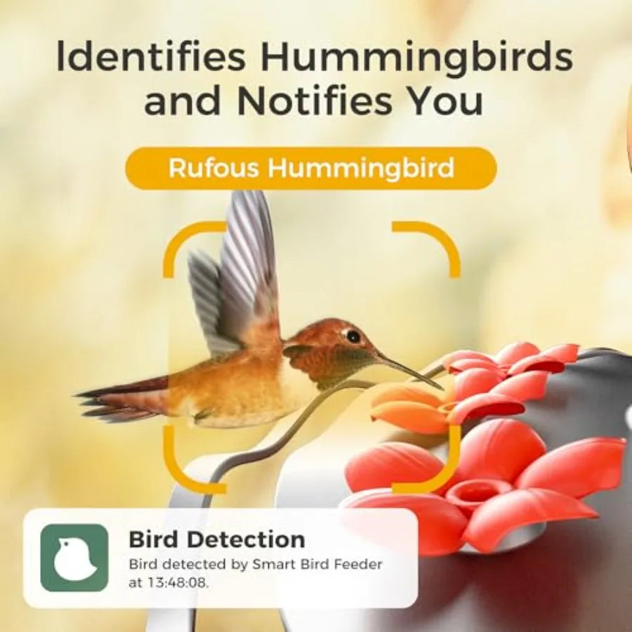 Smart Hummingbird Feeder with Solar-Powered Camera 2K AI Identification Water Detection Leakproof Design with Ant Moat Compatib