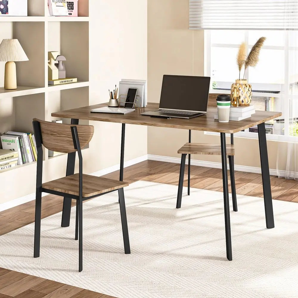 Dining Table Set for 4, Modern Rectangular 5 Piece Dining Room Table and Chairs Set, Brown Wooden Metal Table Set for Family Din