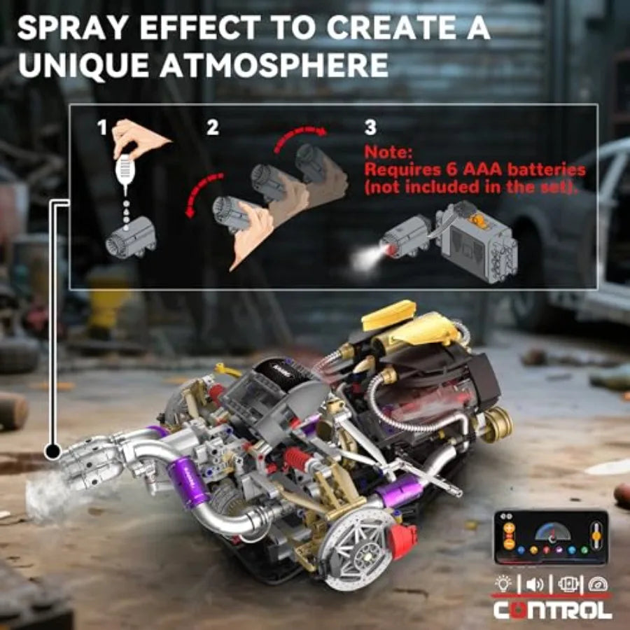 V8 Engine Model Kit Building Set That Runs Technic with APP Control Motor and Light Spray Collectible Mechanical Engineering fo