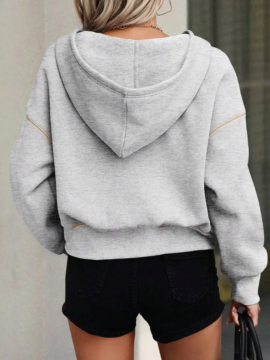 Women's Light Gray Half-Zip Hooded Sweatshirt with Gold Trim, Loose Fit Casual Pullover