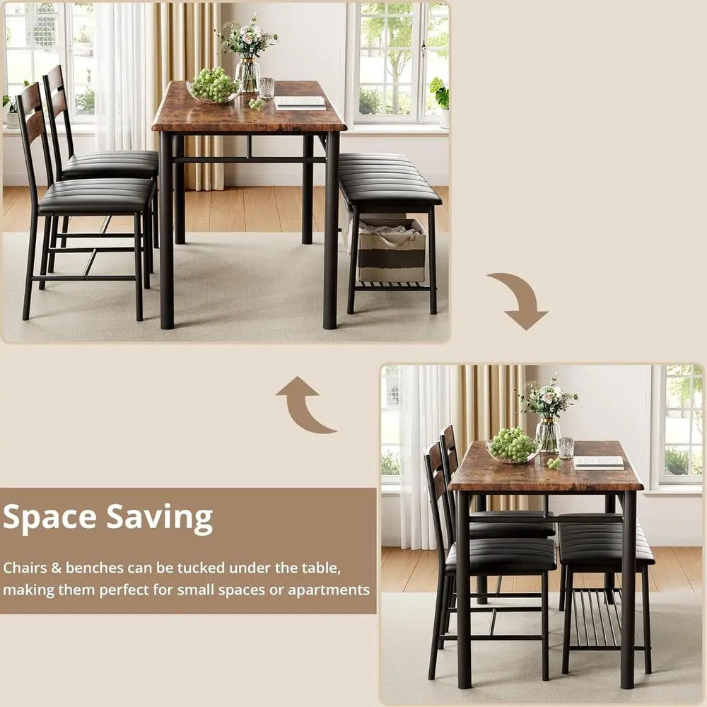 Dining Table Set or 4, Kitchen Table with Upholstered Bench and 2 Chairs, Kitchen Table and Chairs Set or Small Space, Aparent,