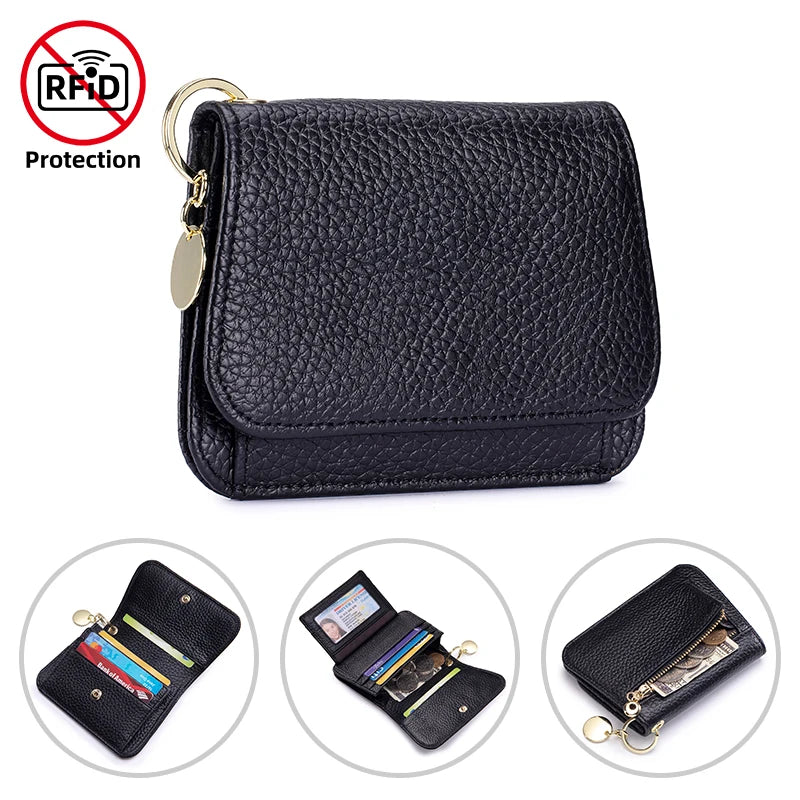 Women Genuine Leather Slim TriFold Wallet Credit Card Holder With Zipper Coin Pouch, ID Window & Keychain